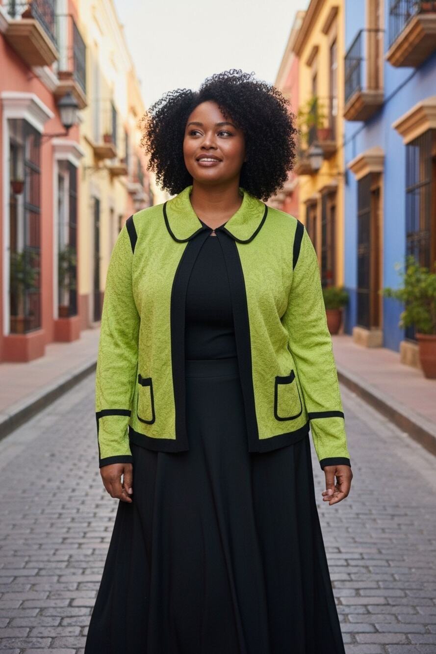 Ming Wang bright green black open sweater cardigan blazer sz 1X